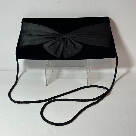 La Regale Black Velvet Evening Shoulder Bag Satin Bow Christmas Holiday Party - Picture 2 of 9